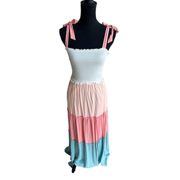 Women’s Tiered Color Block Smocked Maxi Dress-Tie Sleeves-See Description on SZ - Picture 3 of 16